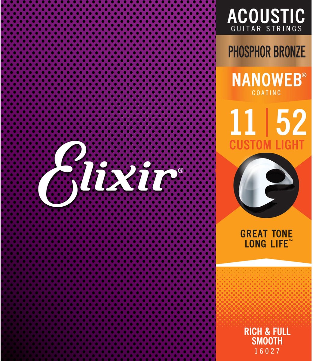 Elixir 16027 snaren voor Akoestische Gitaar Phosphor Bronze 11-52 Nanoweb Coating Custom Light