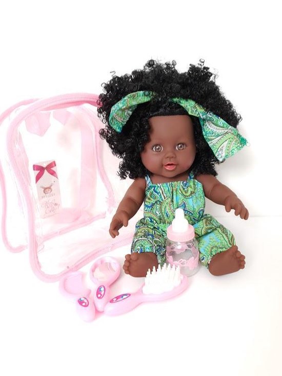 Donker pop met zwart krul haar en accessoire - Bruine pop met afro krullend  haar -... | bol.com