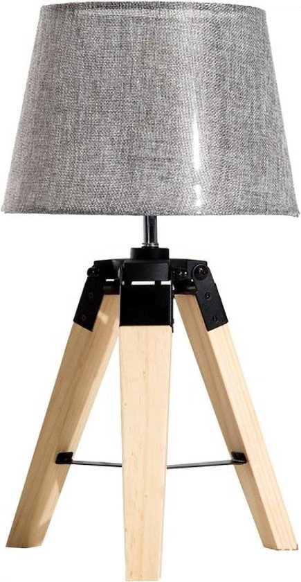 Tafellamp – Tafel lamp - Nachtkast lamp - Stoffen kap en houten driepoot -  45 cm hoog | bol
