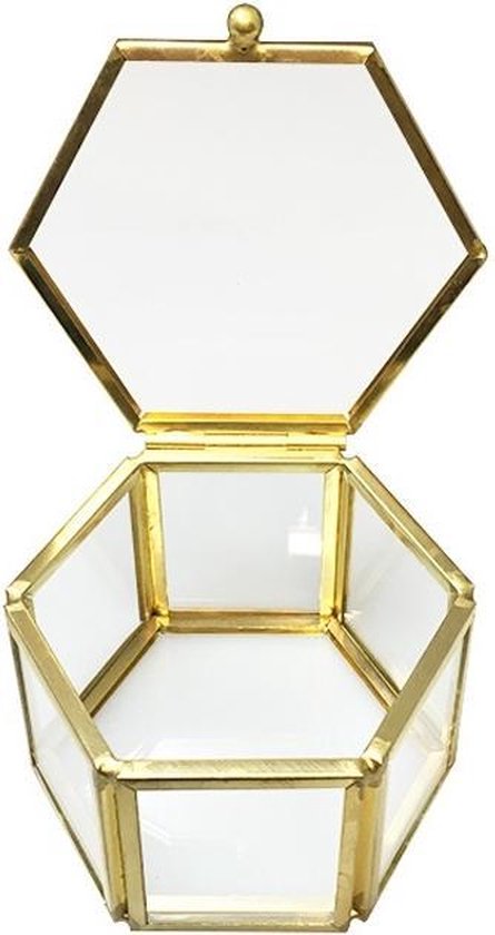 Glazen ringdoosje sieradendoosje | Hexagon | Goud | 8x7x5 cm | bol.com