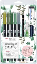 Watercoloring set greenery (Contents: 1x ABT-098, WCS-GR 228,249,312, N52; WS-EFL01; MONO-100-H; EN-DC; WB-FN-1 P; blending palette; instructions)