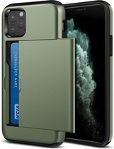 Kaarthouder case met slide geschikt voor Apple iPhone 11 Pro Max - groen +  Glazen Screenprotector