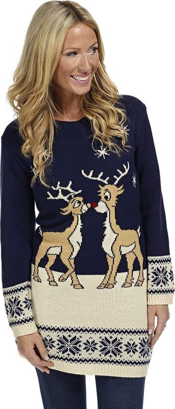 Foute Kersttrui "Verliefde Rendieren Vintage Blauw" voor Vrouwen | Dames - Kerstjurk - Lange Kersttrui - Christmas Sweater Maat L