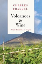 Boek kaft 'Volcanoes & Wine' met een afbeelding van een vulkaan en wijngaard onder een blauwe hemel met wolken.
