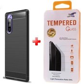 Silicone gel zwart hoesje Sony Xperia 5 met glas screenprotector