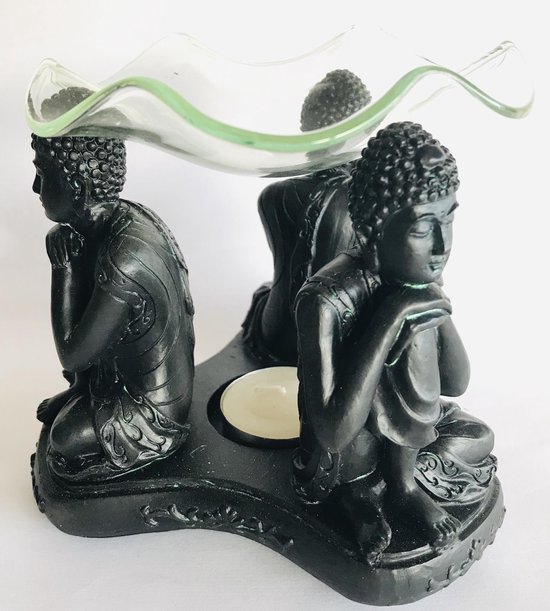 Oliebrander Boeddha's  met los  glazen schaal 11.5cm Aromabrander aromatherapie