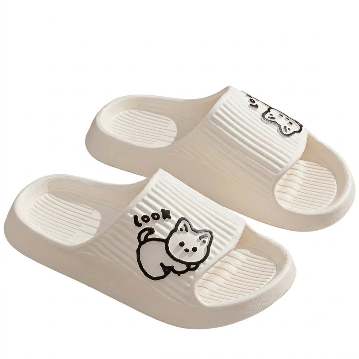 Witte badslippers heren en dames EVA instap slippers kattenprint antislip dik zool lichtgewicht open teen douche slippers geschikt voor binnen en buiten maat 38
