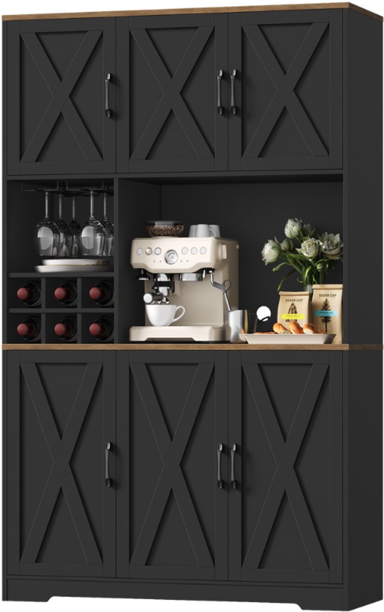 Keukenkast – Voor keuken of eetkamer – Buffetstijl met 6 deuren – Wit met afneembare flessen- en glazenhouder