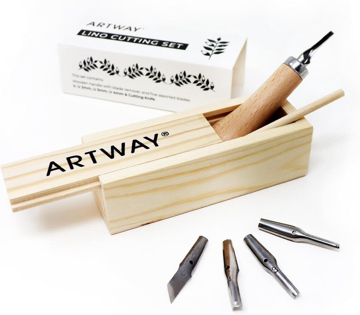 SnelShoppen - Artway Lino Snijgereedschap Set – 5 Verschillende Snijpunten, Ergonomische Handegreep, Houten Opbergdoos – Ideaal voor Printmaken, Creat