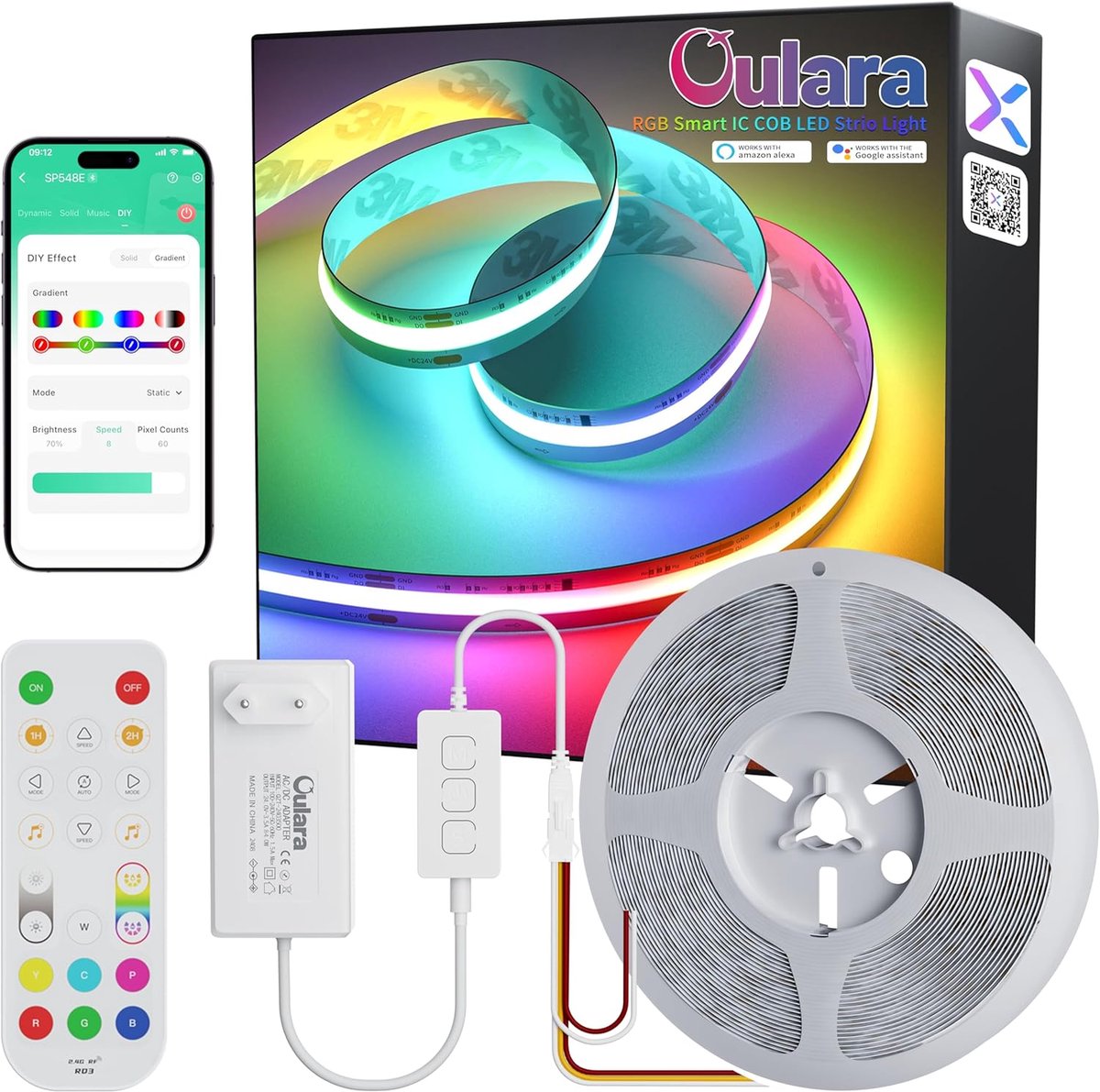 OULARA RGB Smart IC COB LED Strip, 10 m, Addressable, 24 V, Colour Changing LED Strip Compatible with Alexa/Google - ShopVlot