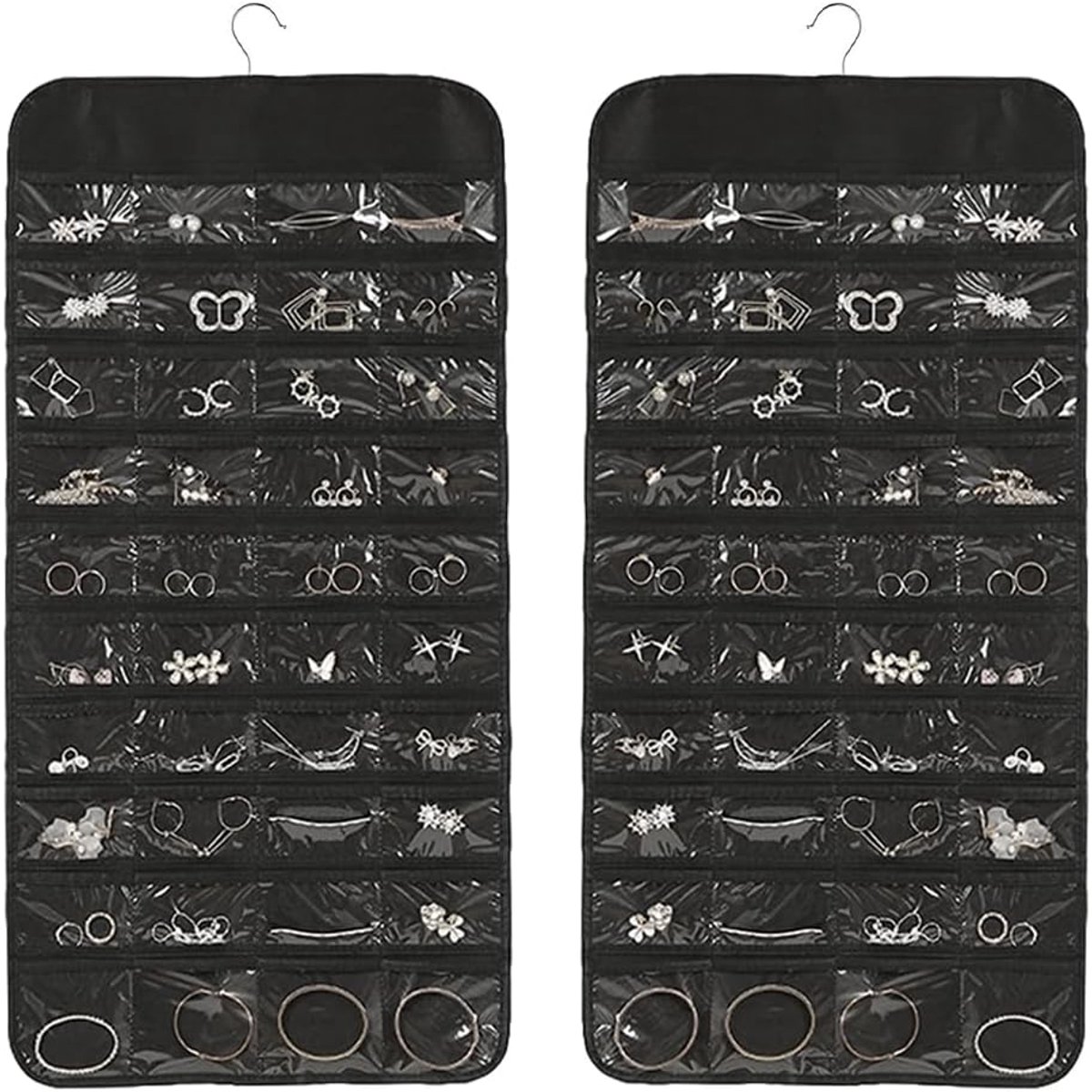 SnelShoppen - Hangende sieradenorganizer voor kledingkast, dubbelzijdige sieradenhouder met 80 vakken en metalen haken, perfect voor ringen, oorbellen
