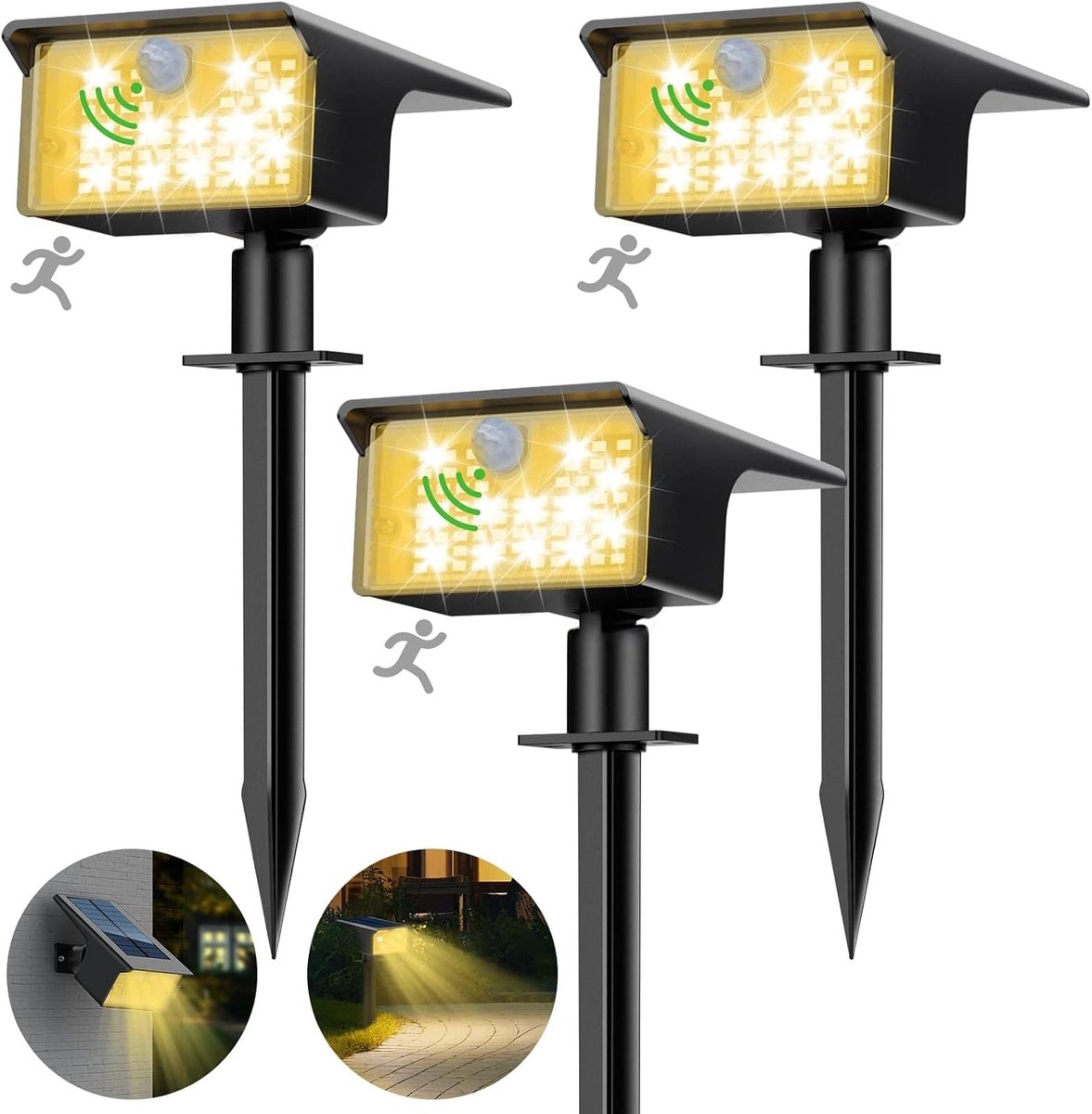 SnelShoppen - Zonnelampen voor buiten met bewegingsmelder, 3 stuks warmwit, 3 modi, IP65 waterdicht voor tuin en buiten, solarverlichting LED voor bui