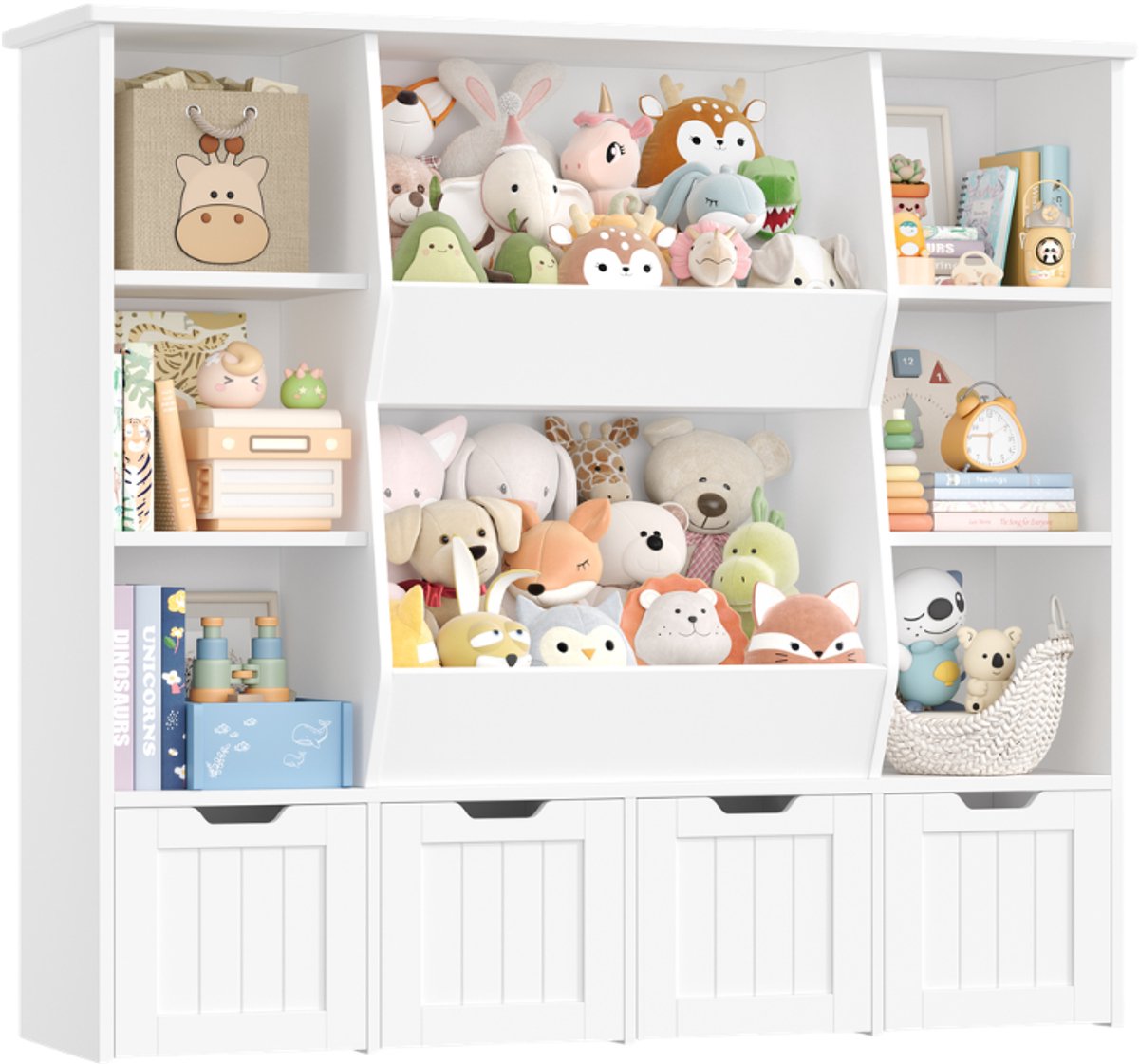 Speelgoedkast – Voor Kinderkamer en Speelkamer – Boekenkast & Opberger met 8 Open Vakken en 4 Laden op Wieltjes – Wit MDF