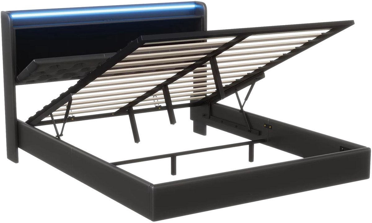 Happiq Gestoffeerd Tweepersoonsbed 140x200 cm Zwart – Bedframe met LED Verlichting en USB en Lades