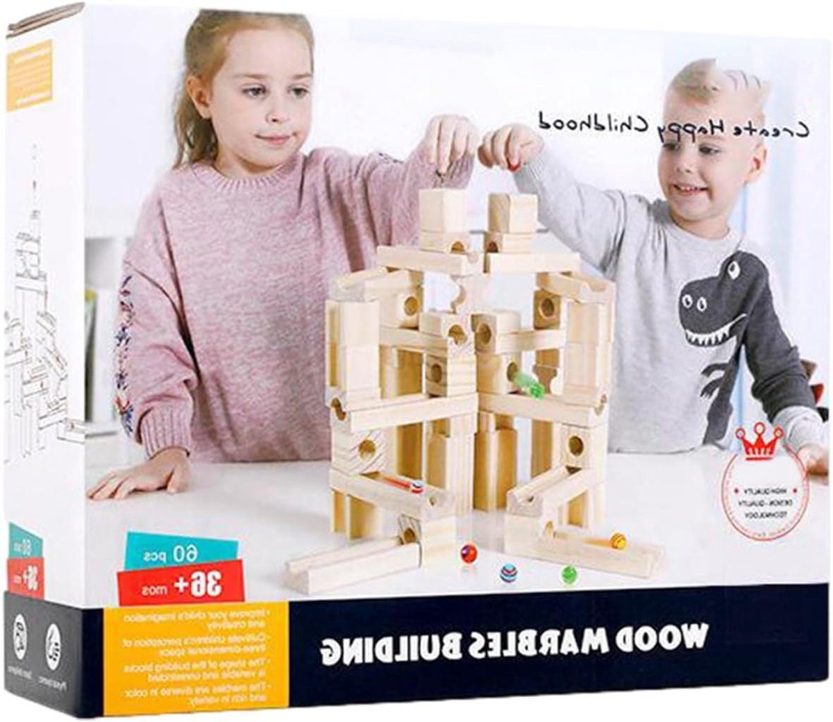 Houten Knikkerbaan - Puzzel Bouwspeelgoed - Cognitieve Vaardigheden - Gladde Afwerking - 60 Kralen - Houtkleur
