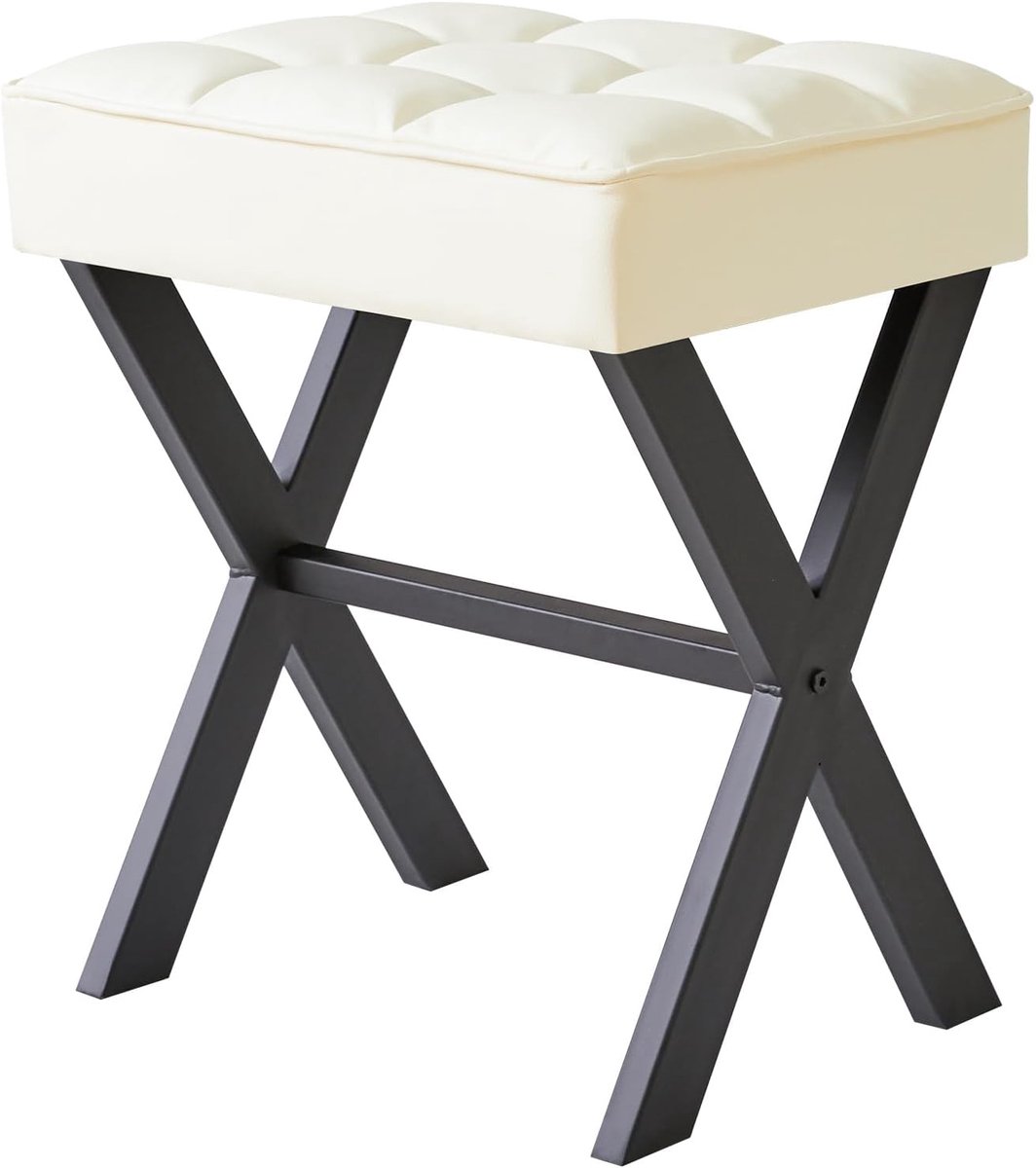 Vierkante make-upkruk met X-been voetsteun, PU voetensteun, Ottomaanse zitkruk, multifunctioneel als kleine bijzettafel, voor slaapkamer, woonkamer, wit, L/G-71W