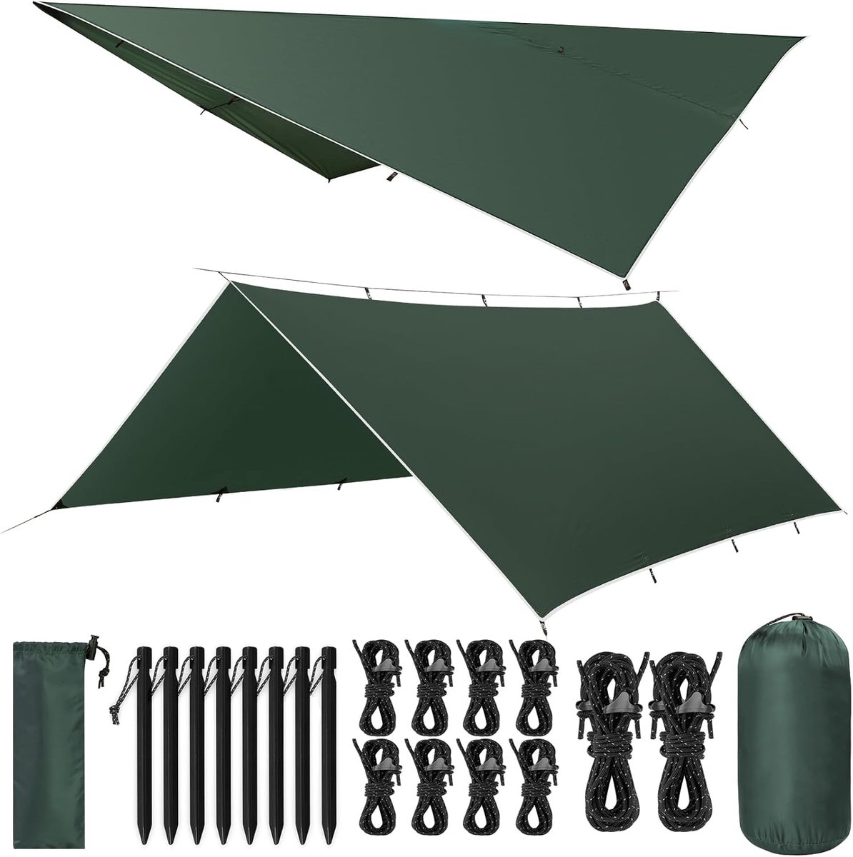 Camping 3 x 5 m, ultralicht, waterdicht, uv-bescherming, met 10 windtouwen en 8 aluminium nagels, extreem scheurvast, voor picknicks in de open lucht (donkergroen)