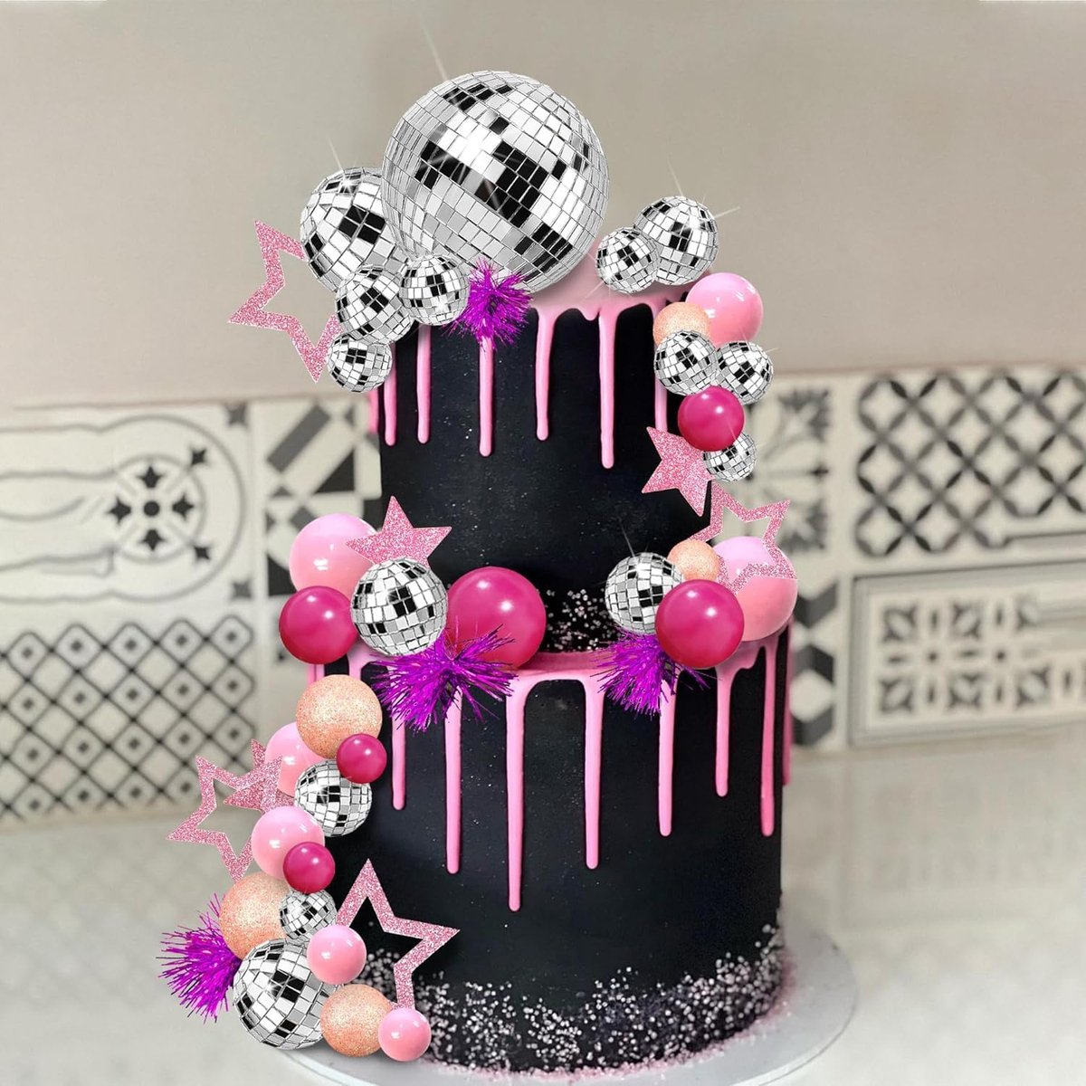 ballen voor taart, discotheek, 40 stuks, spiegelbal, decoraties, taart, verjaardag, topper, cake, roze, voor meisjes en dames, decoraties, taarttopper