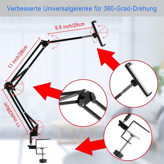 Tabletstandaard voor bedhouder, 360 graden draaibaar, met stabiele aluminium arm voor iPad, tablets, telefoons of andere apparaten met 4,5 tot 12,9 inch scherm — afbeelding 5