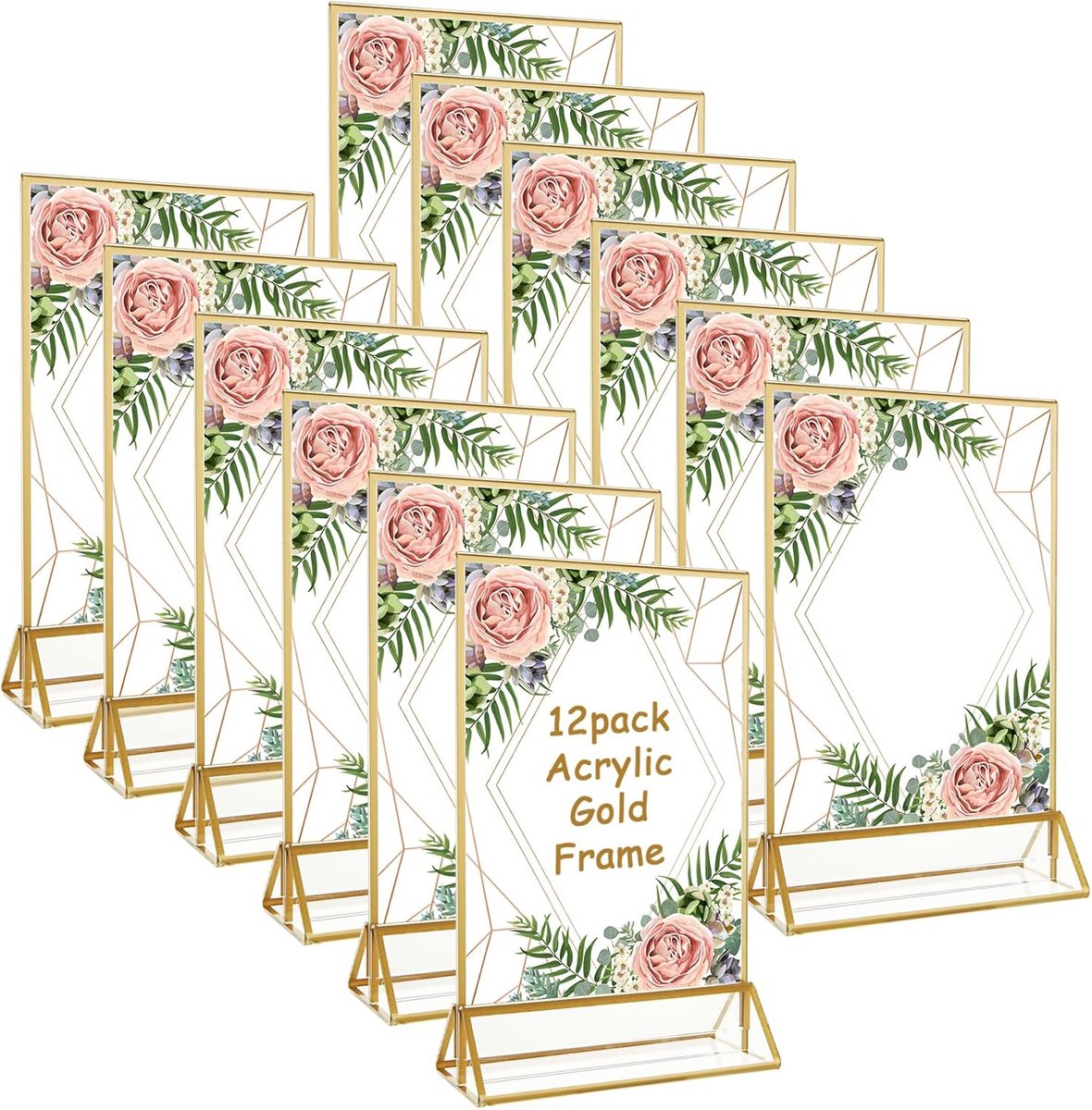 12 stuks, 10 x 15 cm, gouden dubbelzijdige fotolijst, A6, tafelkaarthouder, goudkleurig frame voor bruiloft, acryl gouden tafelstandaard, standaard, A6, voor bruiloft, tafelnummers (goud, 10 x