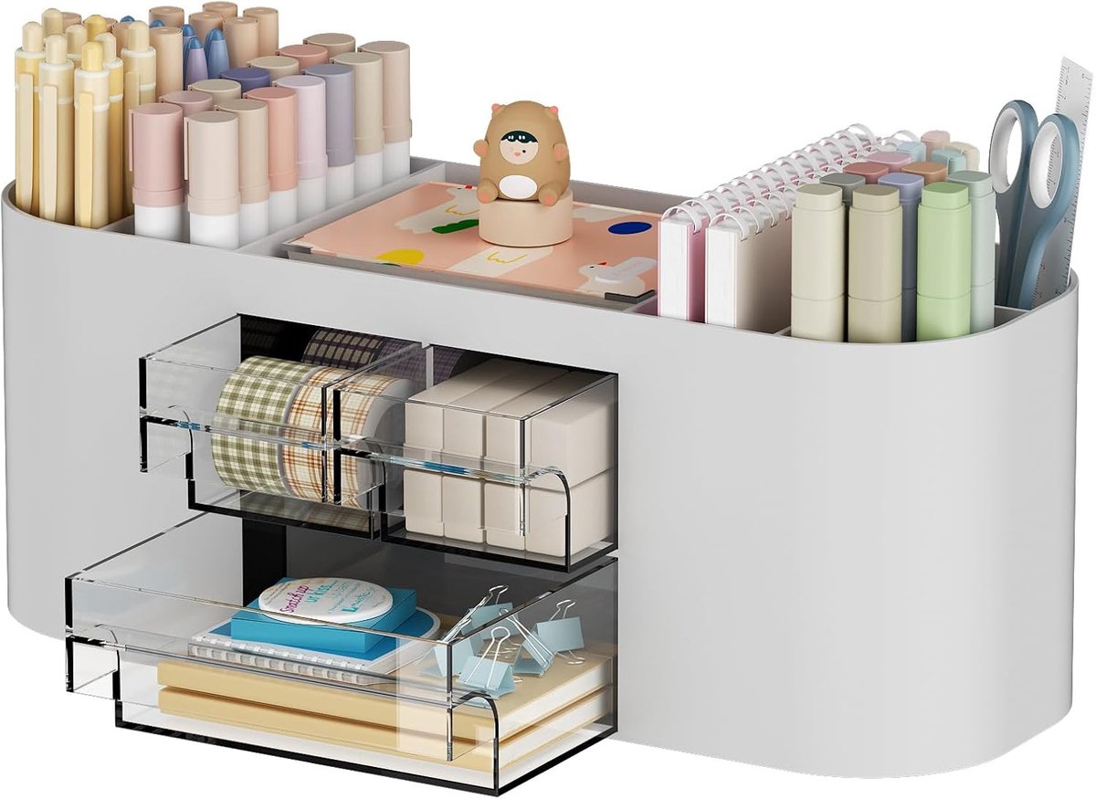 Bureau Organizer met 3 Laden,Multifunctionele Pennenhouder,Bureauopruiming en Accessoires met 7 Vakken voor Thuis,School,Klaslokaal (Grijs)