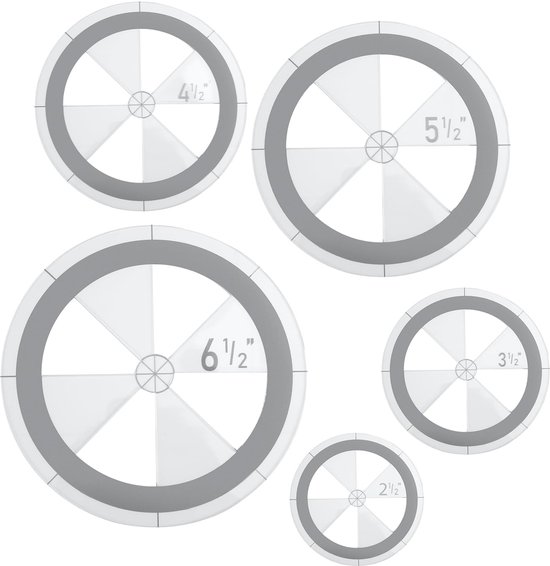 Vijf transparante cirkelsjablonen van verschillende groottes, met inch-aanduidingen zoals 2 1/2, 3 1/2, 4 1/2, 5 1/2 en 6 1/2.