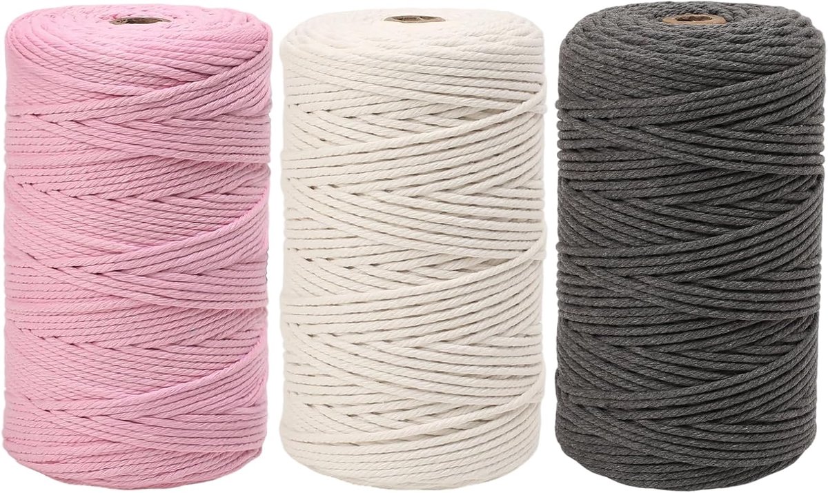 touw, 3 mm x 200 m, macramégaren van katoen, voor knutselen, knutselen, wandtapijten, hangplanten, boho-decoraties, hangmanden (beige, lichtroze, donkergrijs)
