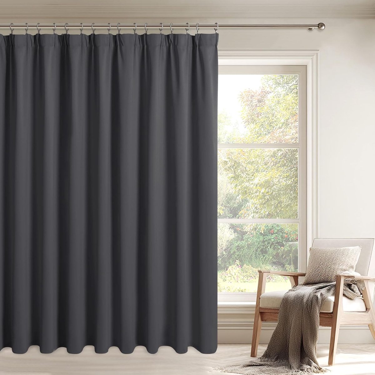 Ruimteverdeler, gordijn, gordijnen met plooiband, 200 x 210 cm (B x H), 1-delige set, donkergrijs, ruimteverdeler, thermogordijn, extra brede gordijnen, ondoorzichtig, met gordijnstropdassen voor