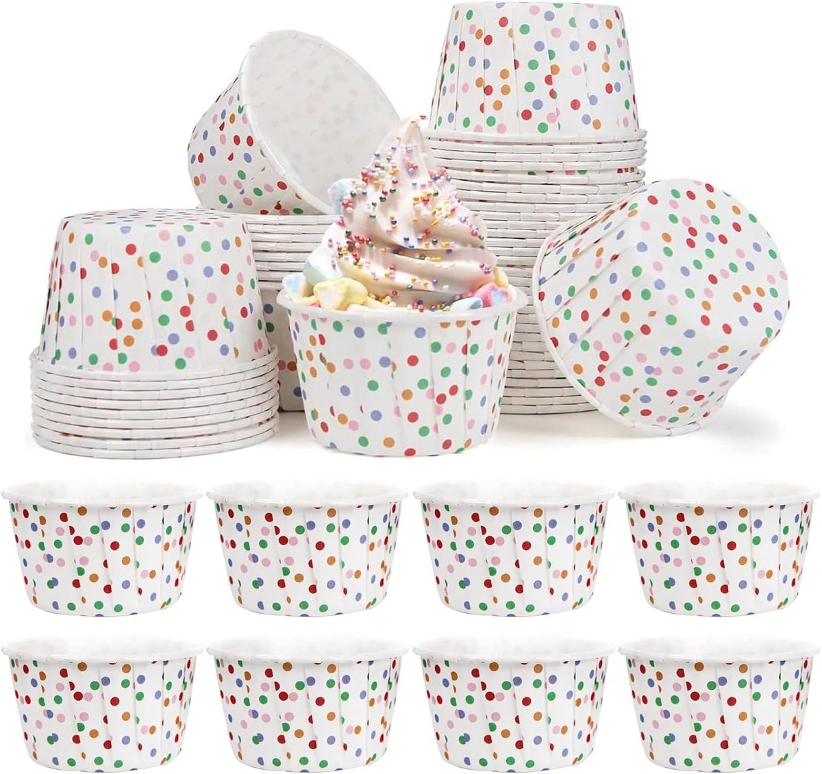 100 stuks muffinvormpjes, papier, muffins, papieren vormpjes, cupcake-vormpjes, muffinvormpjes, voor bakken, dessert, feest, verjaardag, bruiloft (polka-stippen)