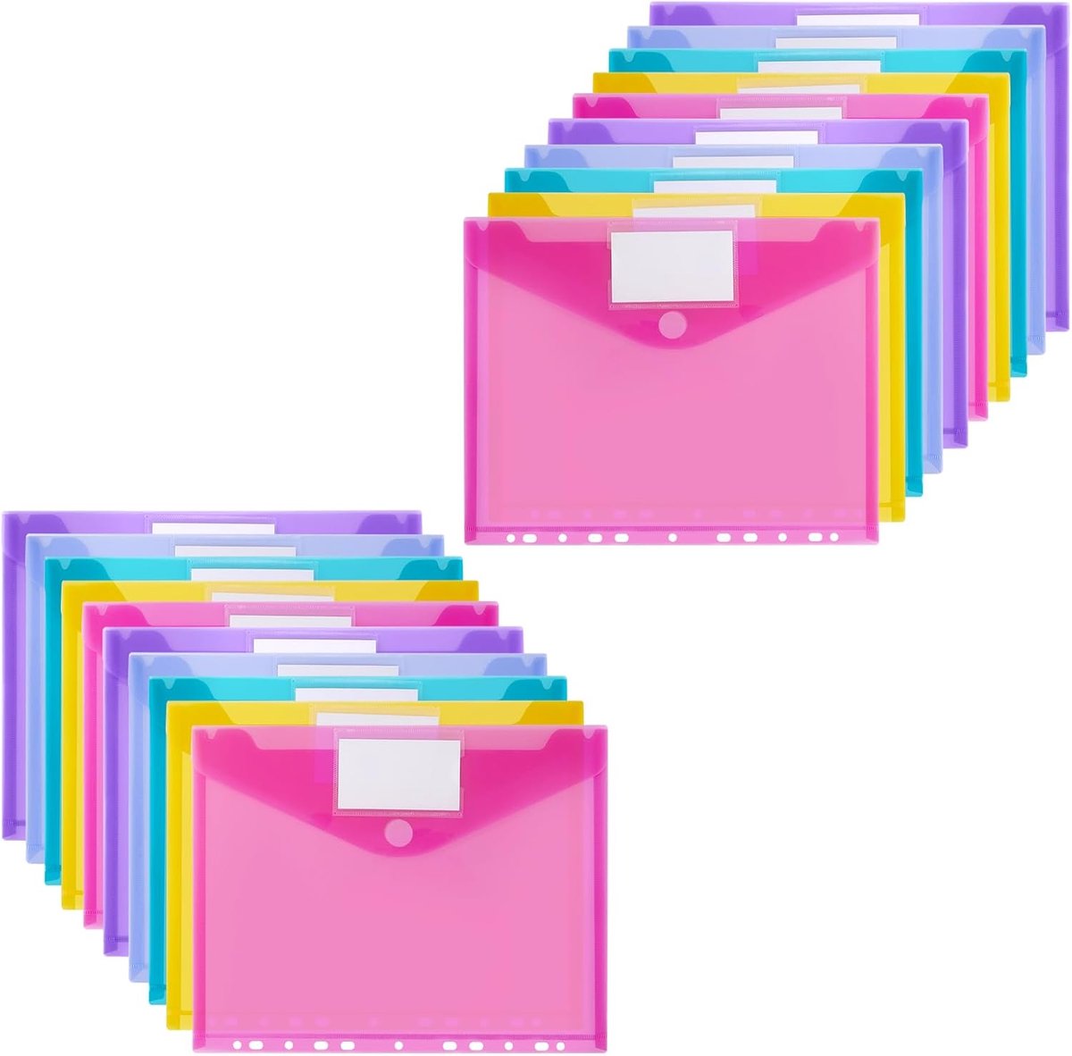 Kunststof mappen, A4, 48 stuks, A4 enveloppen met 11 gaten, transparant, herbruikbaar, voor kantoor, school en thuis (5 kleuren)