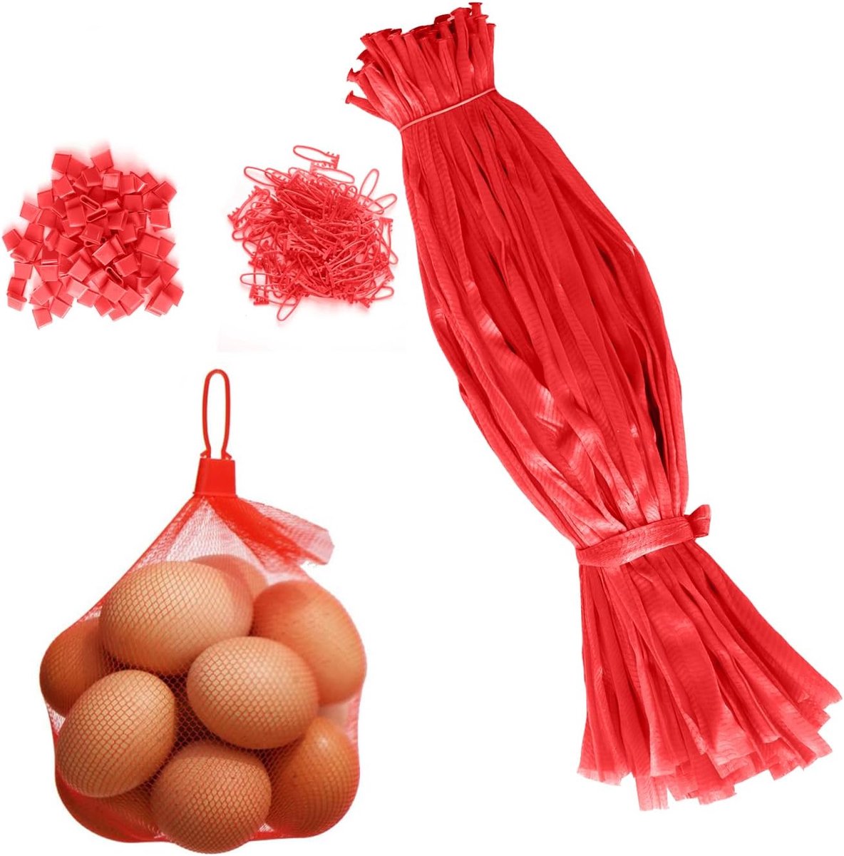 Herbruikbare Netzak, Kunststof Nettas Met Netgesp,Gaas Groentennetzak, Fruit en Groenteverpakkingsnet,voor Eiernetzak, Fruitnetzak, Noten, Boodschappen Netzak (Rood)