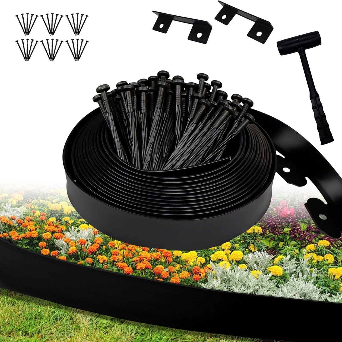 kunststof, flexibele gazonranden, lengte 10 m hoogte 5 cm, met 30 grondankers en 2 connectoren + 1 hamer, bloembegrenzing, bloembedrand, bloemomranding, bloembedrand, zwart (gladde rand, 5