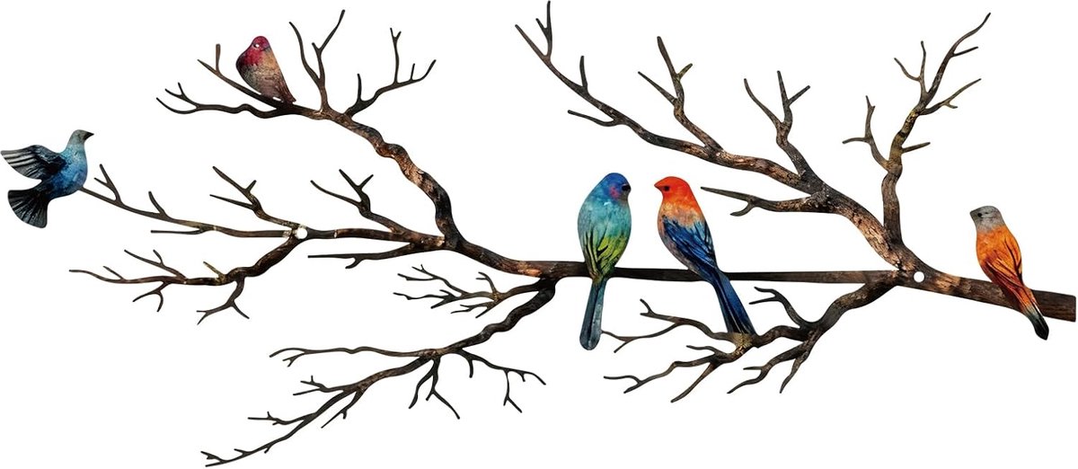 Metalen Vogels Muurkunst, Metalen Levendige Vogels op Tak Silhouet Muurdecoratie Zwarte Bladeren met Vogel Buiten Hangende Muursculptuur voor Thuis Balkon Tuin (Klassieke Kleur, Klein)