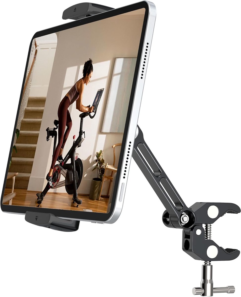 Tablethouder voor spin bike, aluminium montageklem voor stationaire fiets, loopband, kinderwagen, indoor bike, Peloton, elliptisch, compatibel met 4-13 inch tablets, Galaxy Tab