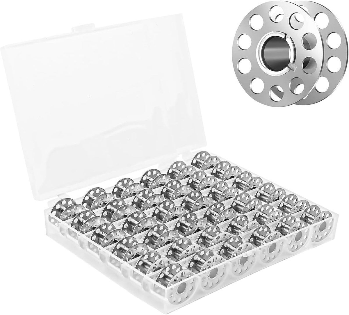 Spoelen naaimachine, 36 stuks metalen draadspoelen, lege spoel, met transparante spoelbox, 7 mm binnendiameter, naaimachinespoelen, naaimachineaccessoires, voor naaien, doe-het-zelfprojecten