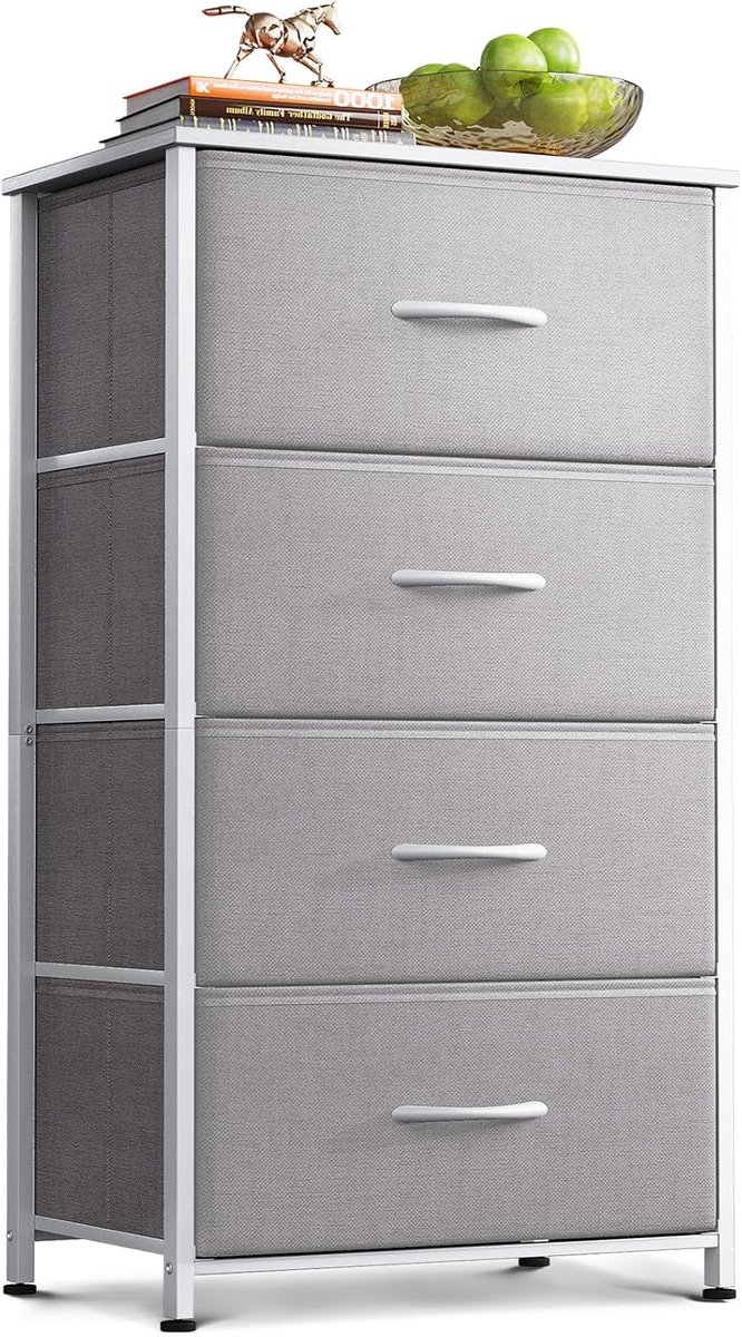 SnelShoppen - Smalle commode met 4 laden, stoffen lades, stabiel stalen frame, houten blad, lichtgrijs, ideaal voor slaapkamer en woonkamer