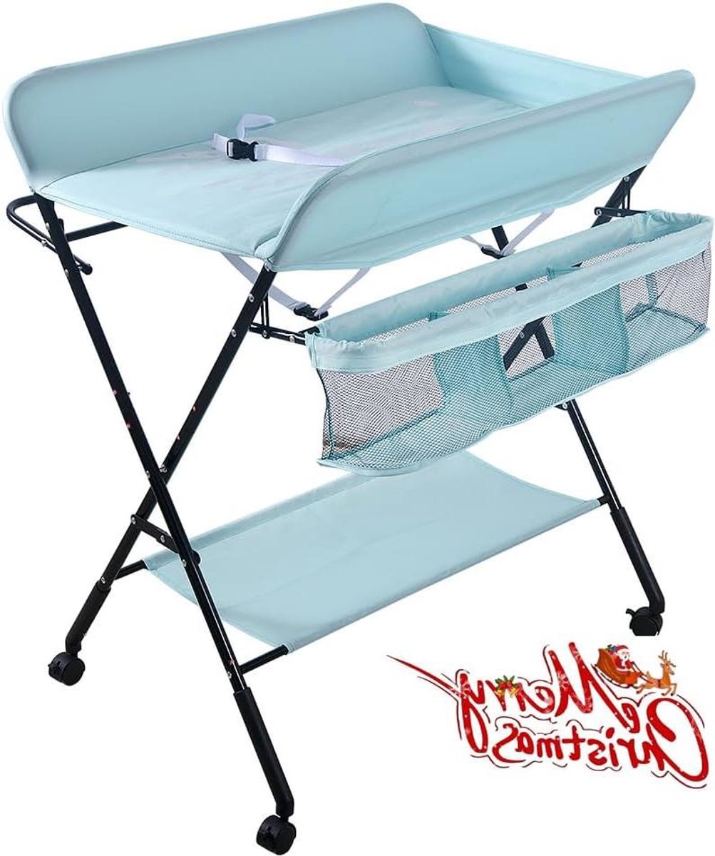 Baby Verschoontafel - Opvouwbaar Meubel - Babyverzorging Thuis - Inclusief Opbergmand - In Hoogte Verstelbaar - Azur Blauw