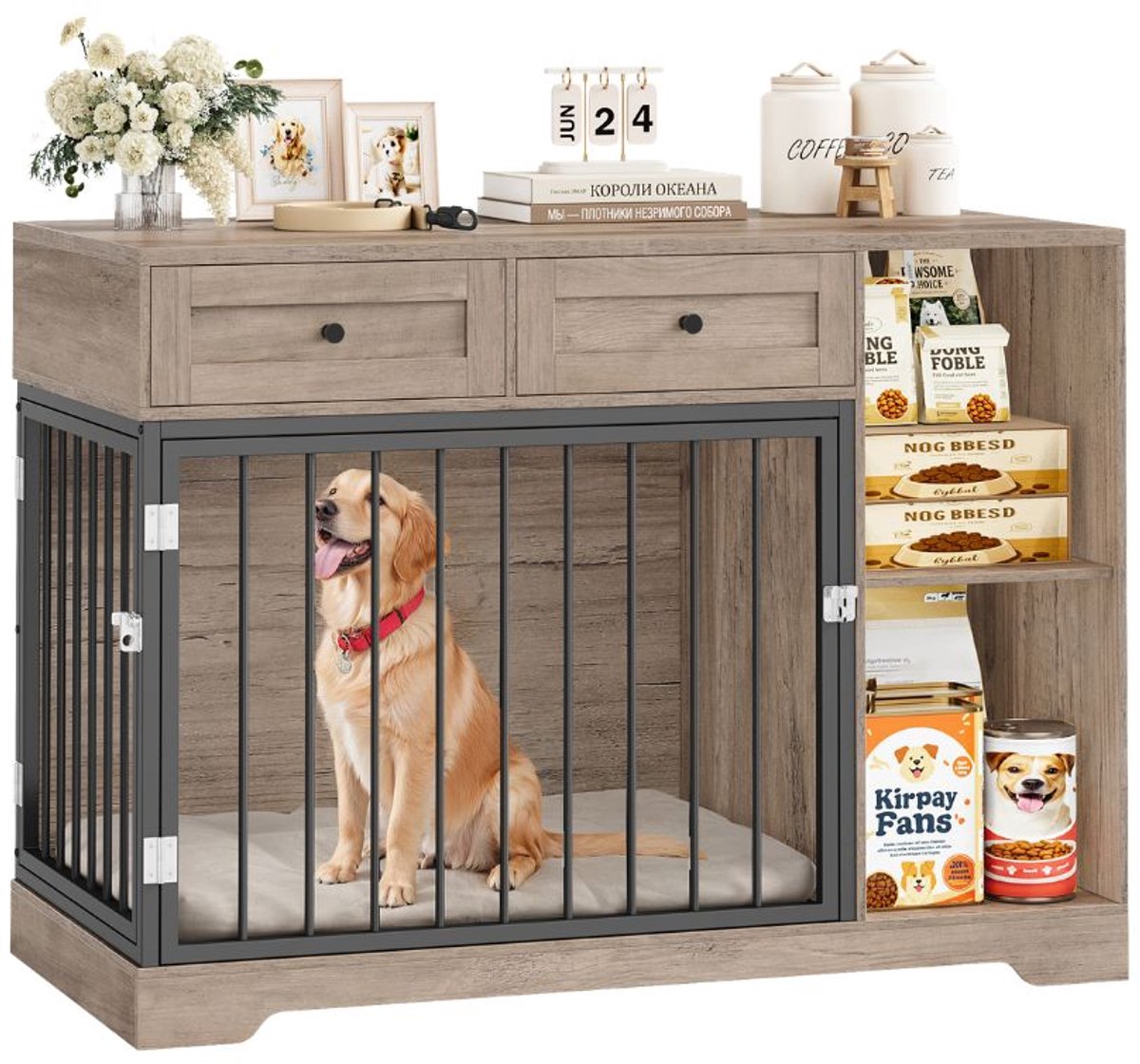 Houten Hondenbench – Voor Indoor Grote Honden – 2-way Deur met 2 Lades & 2 Compartimenten Sideboard – Wit + Bruin 120x87x60 cm