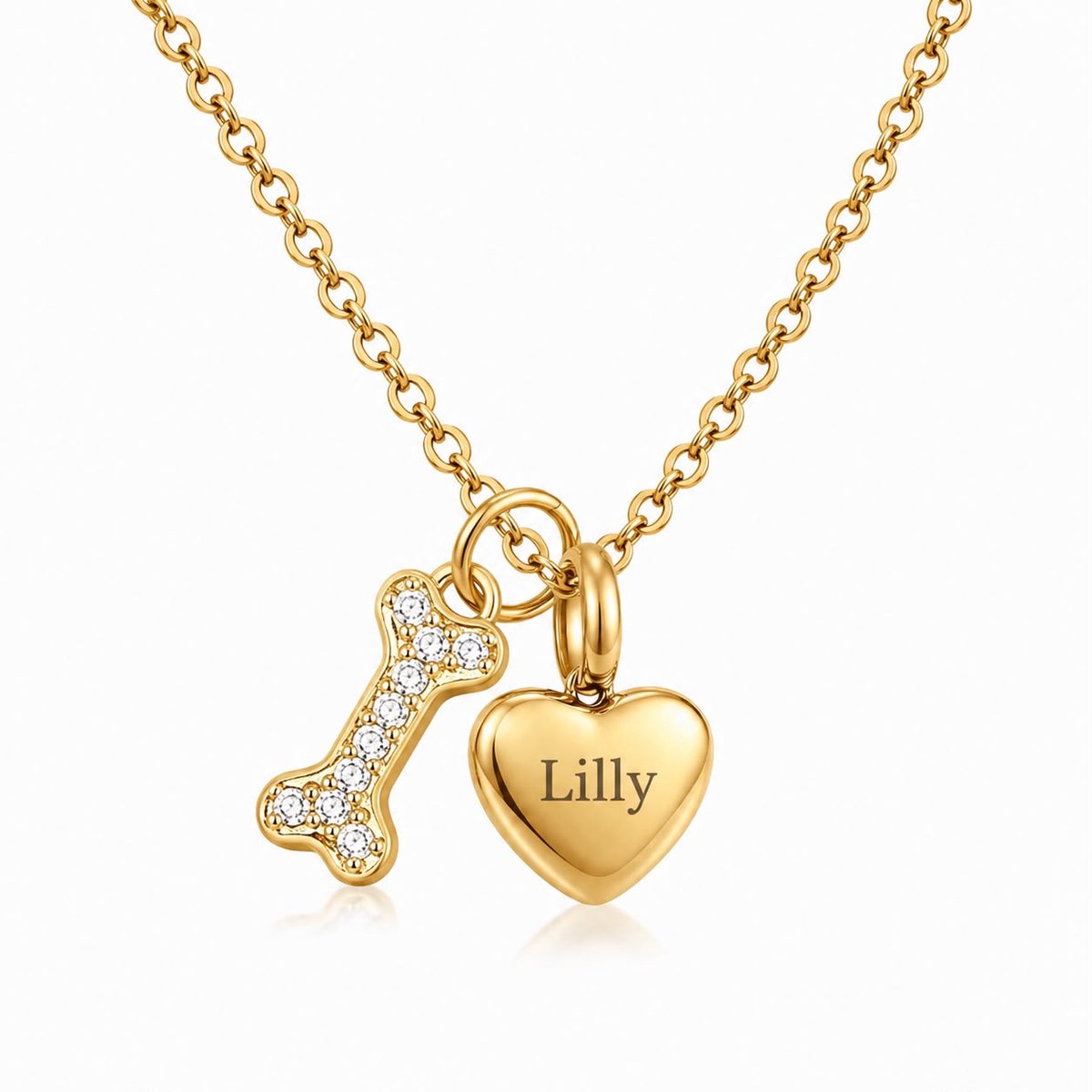Ashanger Hart Hondenbotje met Stras | Ashanger Hondenbotje met Stras | Goud | Ashanger Hart met Naamgravure | Honden Ashanger inclusief Graveren | Ashanger Hond met Botje | Petshop Seven