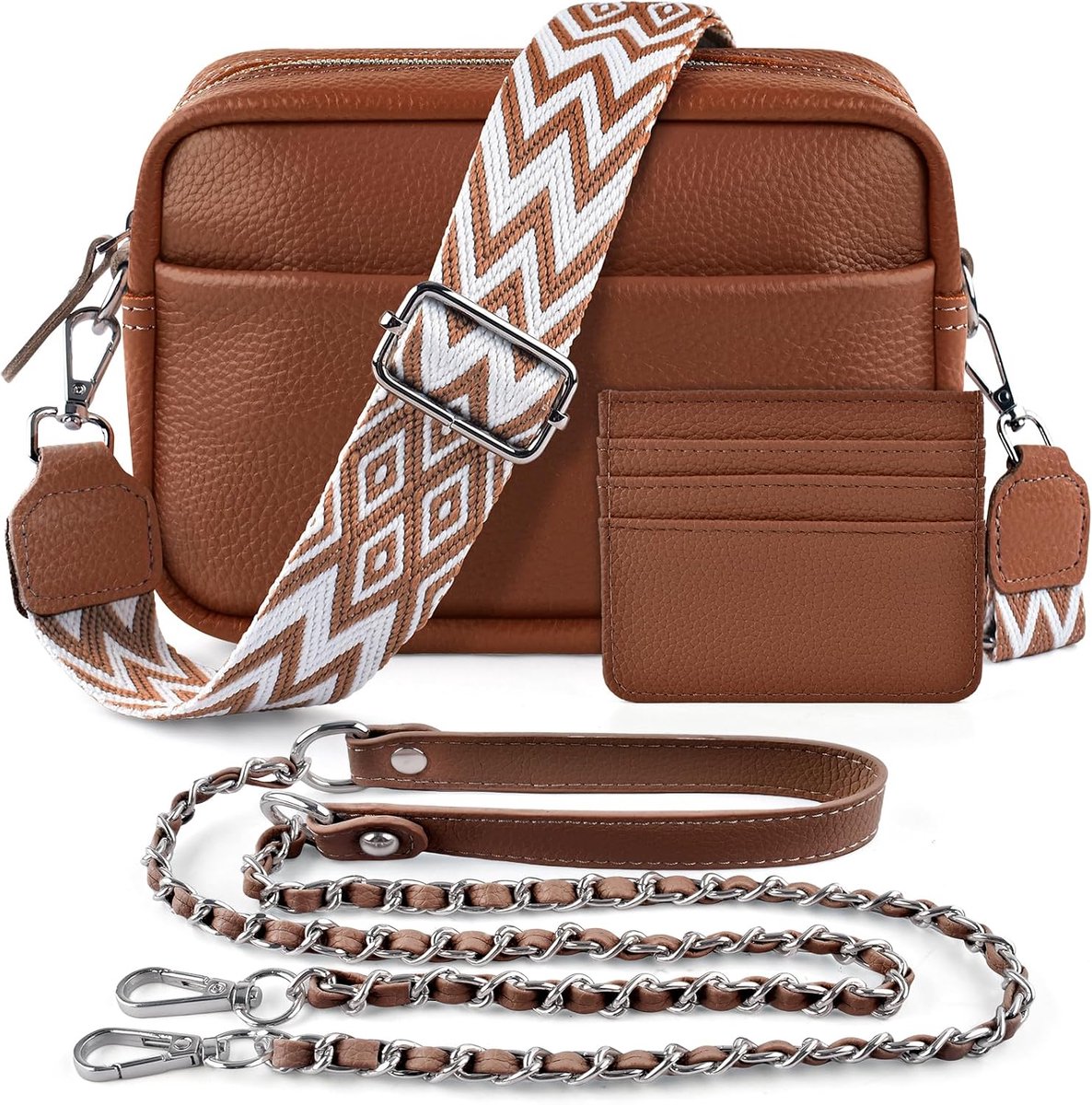 SnelShoppen - Schoudertas voor mobiele telefoon, echt leer crossbody tas met 2 brede schouderbanden, kaarthouder, zwarte leren schoudertas voor dames,