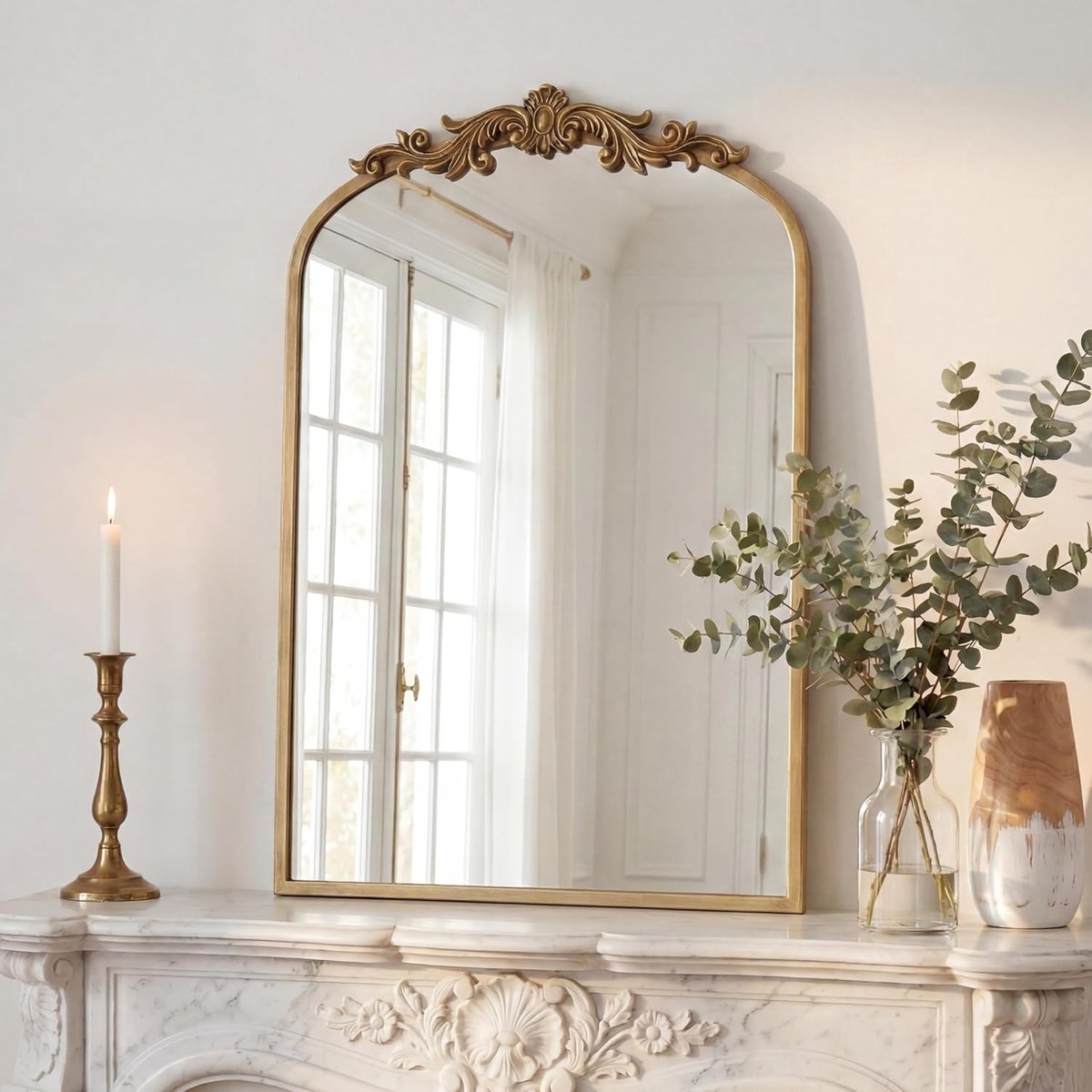 Gouden Vintage Spiegel 91 x 60 cm, Boogvormige Barok Spiegel voor Wanddecoratie, Klassieke Ornamenten voor Badkamer, Woonkamer en Entreehal