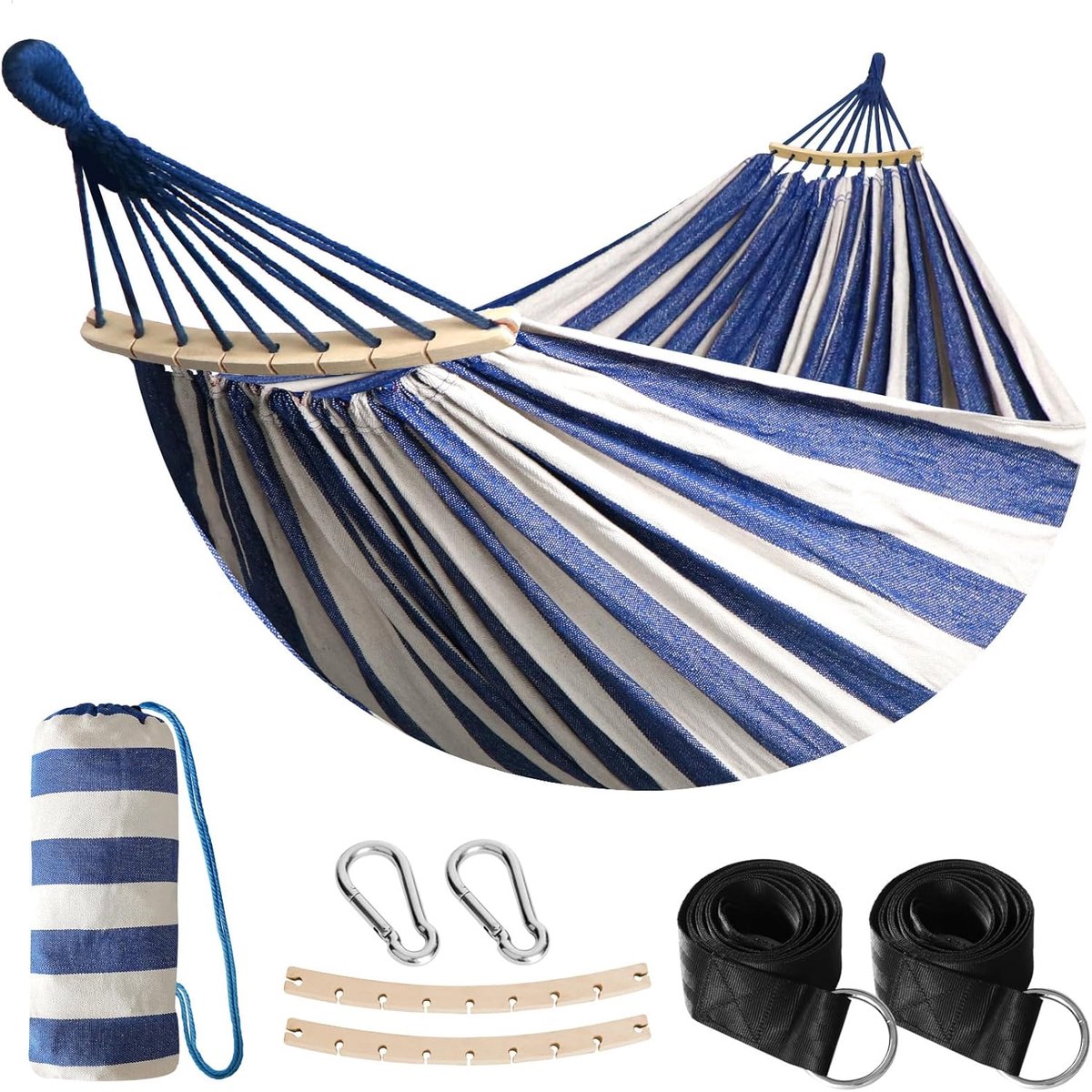 Hammock buiten - comfortabel katoen - met houten stangen - ideaal voor balkon en tuin - SnelShoppen