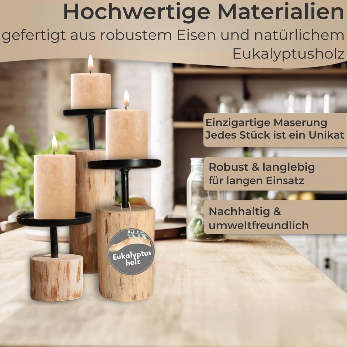 3-delige kandelaarset van eucalyptushout en metaal voor stompkaarsen - stijlvolle tafeldecoratie — cadeau in Wonen & Interieur - foto 7