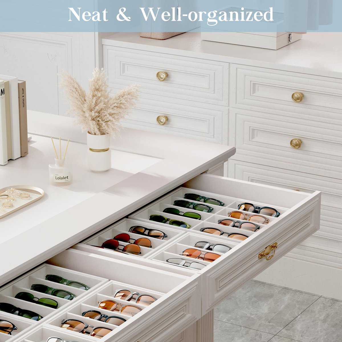 SnelShoppen - Zonnebril Organizer Tray 2 Pack, Fluwelen Zonnebril Houder met 4 Roosters, Beige Eyewear Display Lade Opslag voor Dames en Heren