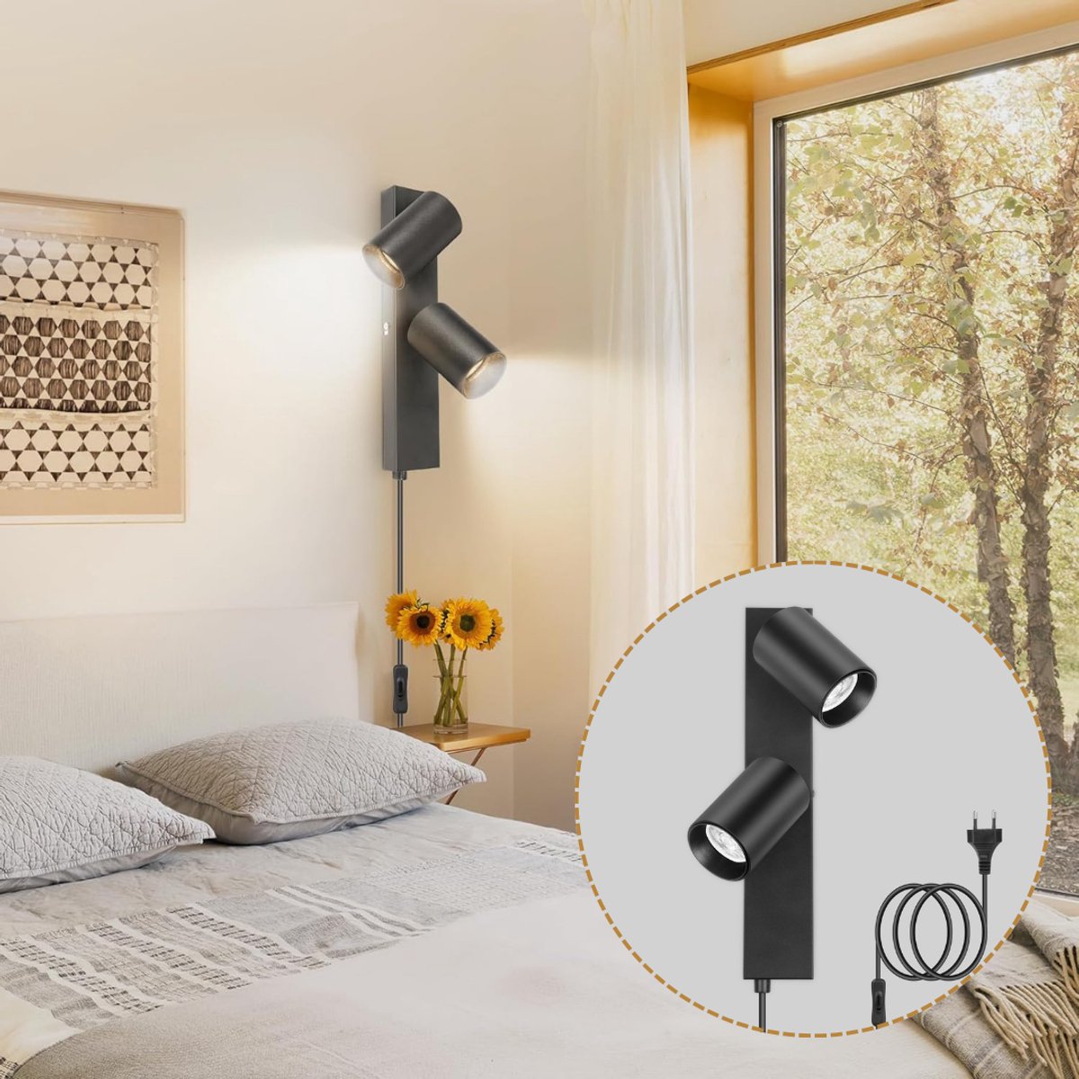 ApexArte® Wandlamp Binnen met Snoer - Wandlamp met Stekker voor Binnen - met Dimbare Schakelaar