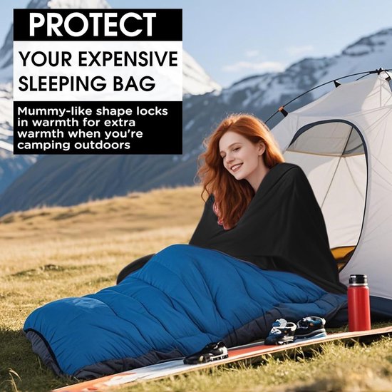 Slaapzak Liner - Reis Laken - Kamperen en Reizen - Ultralicht en Compact - 220 x 80 cm - Zwart — afbeelding 3