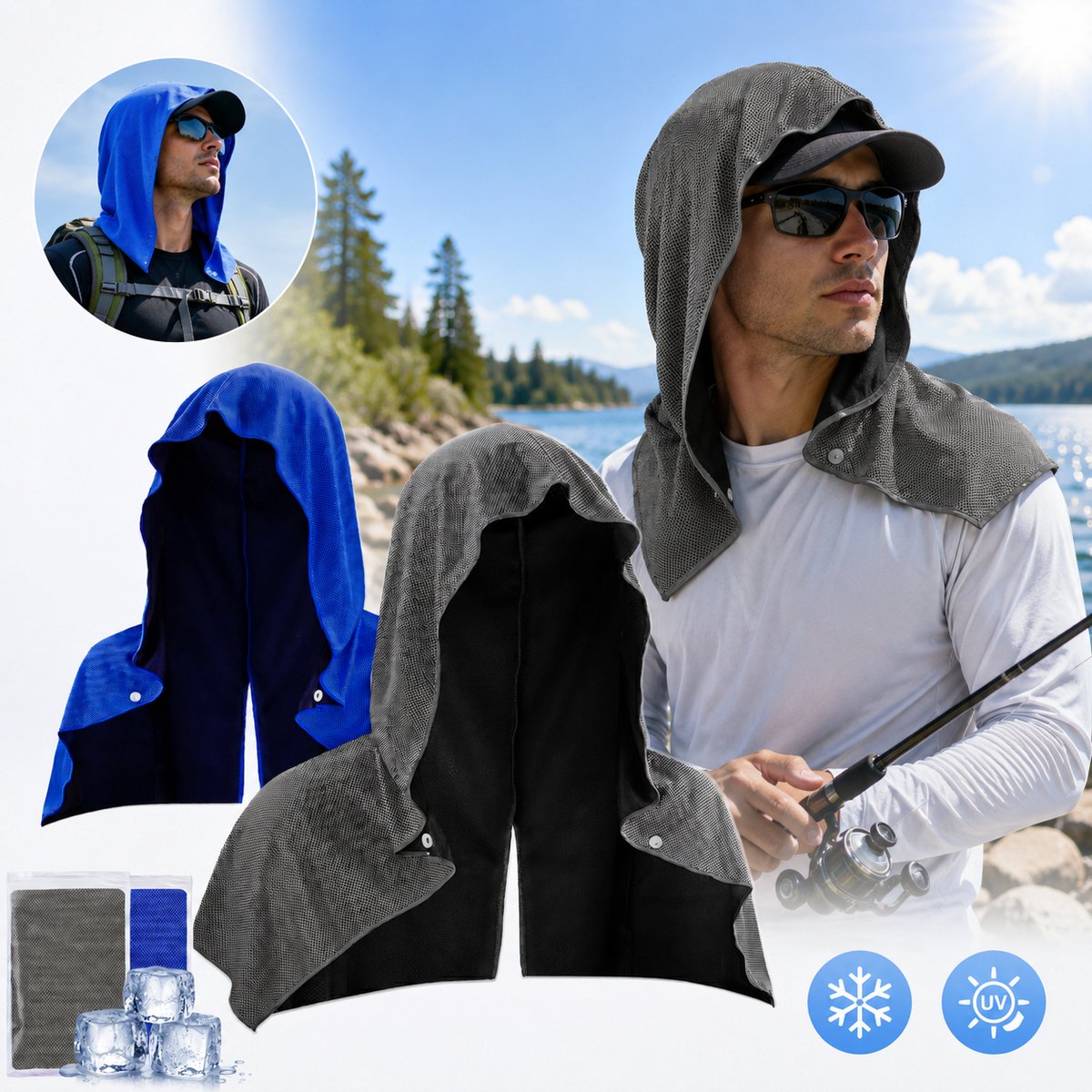Verkoelende hoodiehanddoek - Koelhanddoeken - Ademend en UV-bestendig - Absorberende - Comfortabel - Verkoelend zomeraccessoire - Hoofddoek voor sport, training en kamperen - Geschikt voor strand en outdoor - Grijze, Blauw - 2 stuks