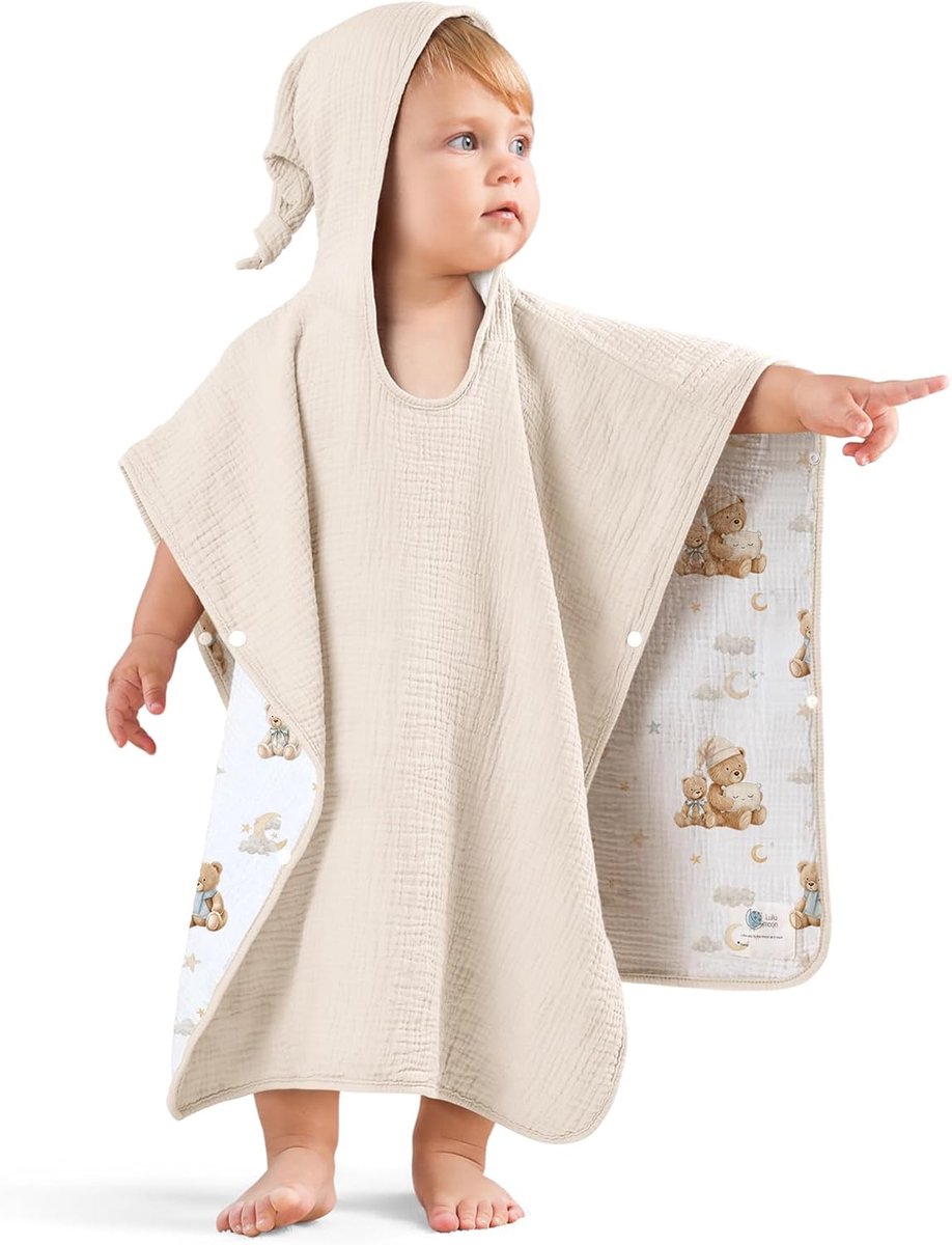 lulumoon Badponcho kinderen capuchon handdoek baby 100% mousseline katoen (BeigeRedbear)