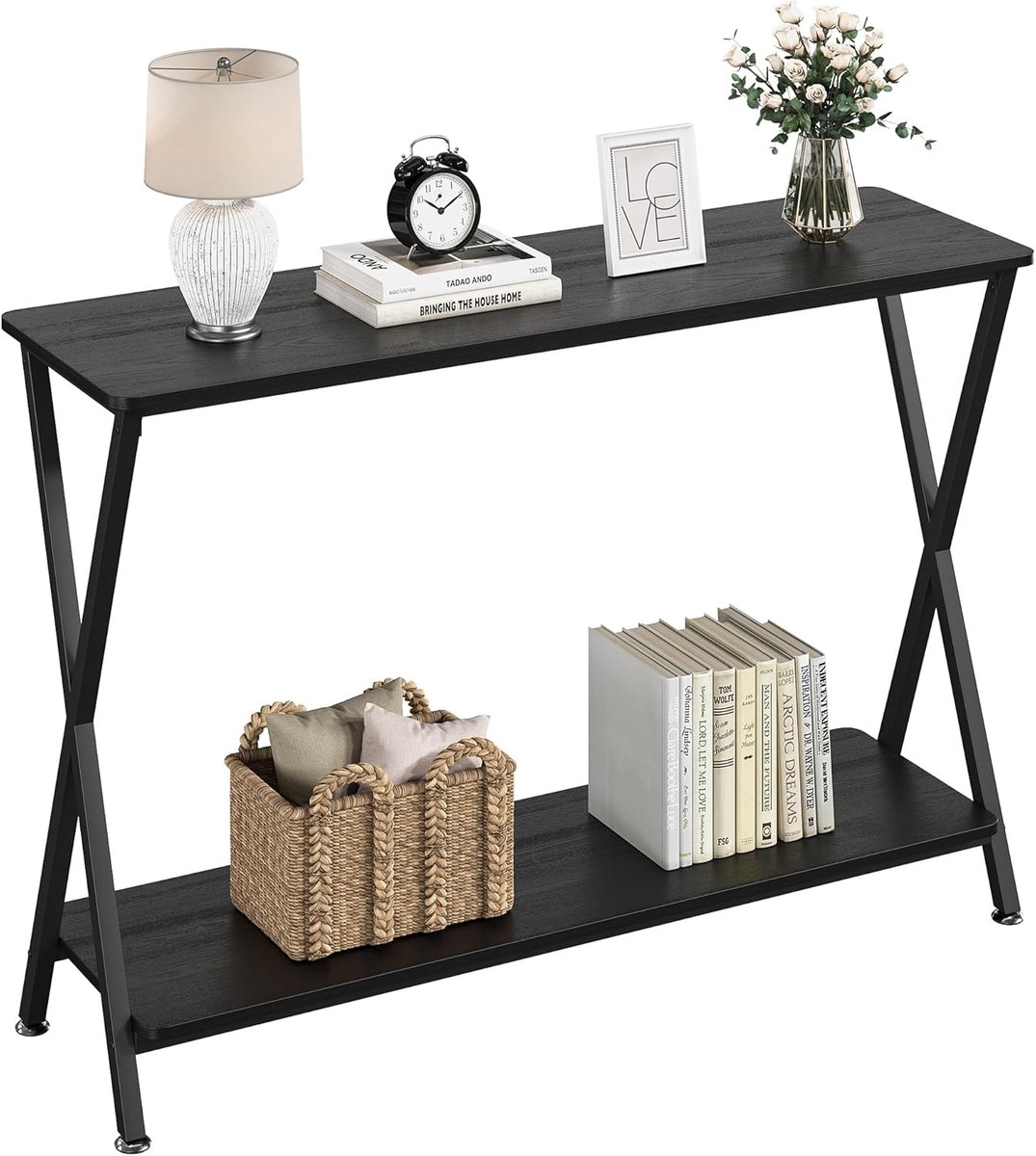 Industriële smalle consoletafel voor entree en achter de bank – slanke banktafel met 2 opbergplanken, metalen frame accenttafel voor de gang