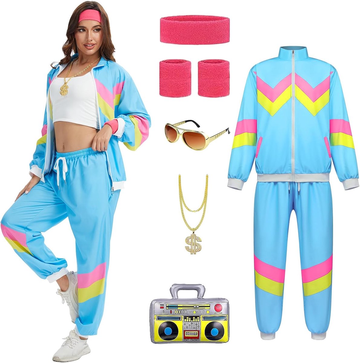 80 en 90 outfit dames, retro jaren 80 trainingspak jas broek pak met gouden ketting, opblaasbare radio, Halloween carnaval voor dames